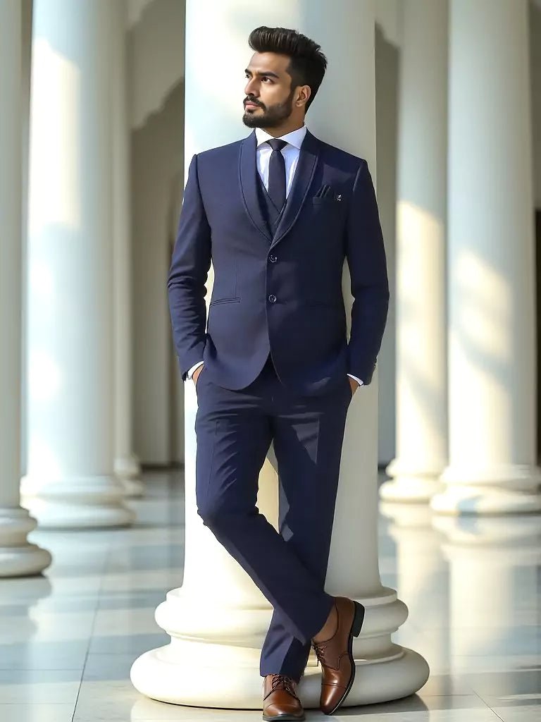 Image of Blue Textured Polyester Terry Cotton Party Wear 5 Pc Suit - South India Shopping Mall
