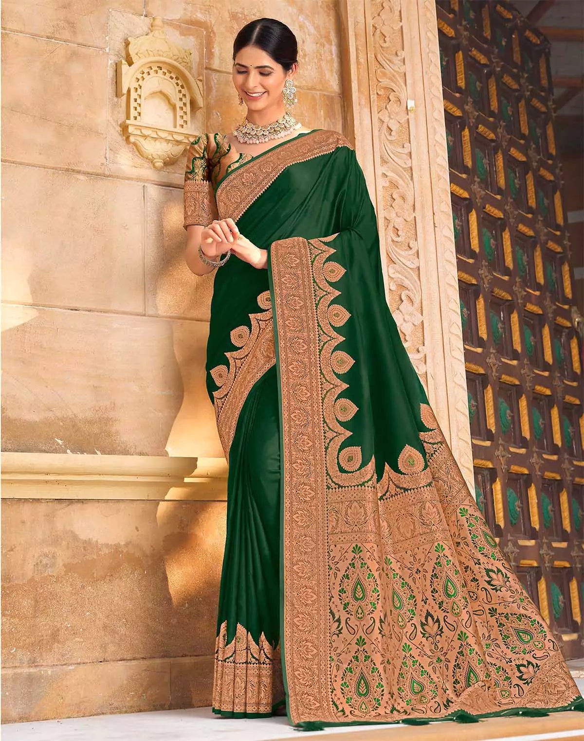 Image of Bottle Green Plain Satin Saree with Golden Border - South India Shopping Mall