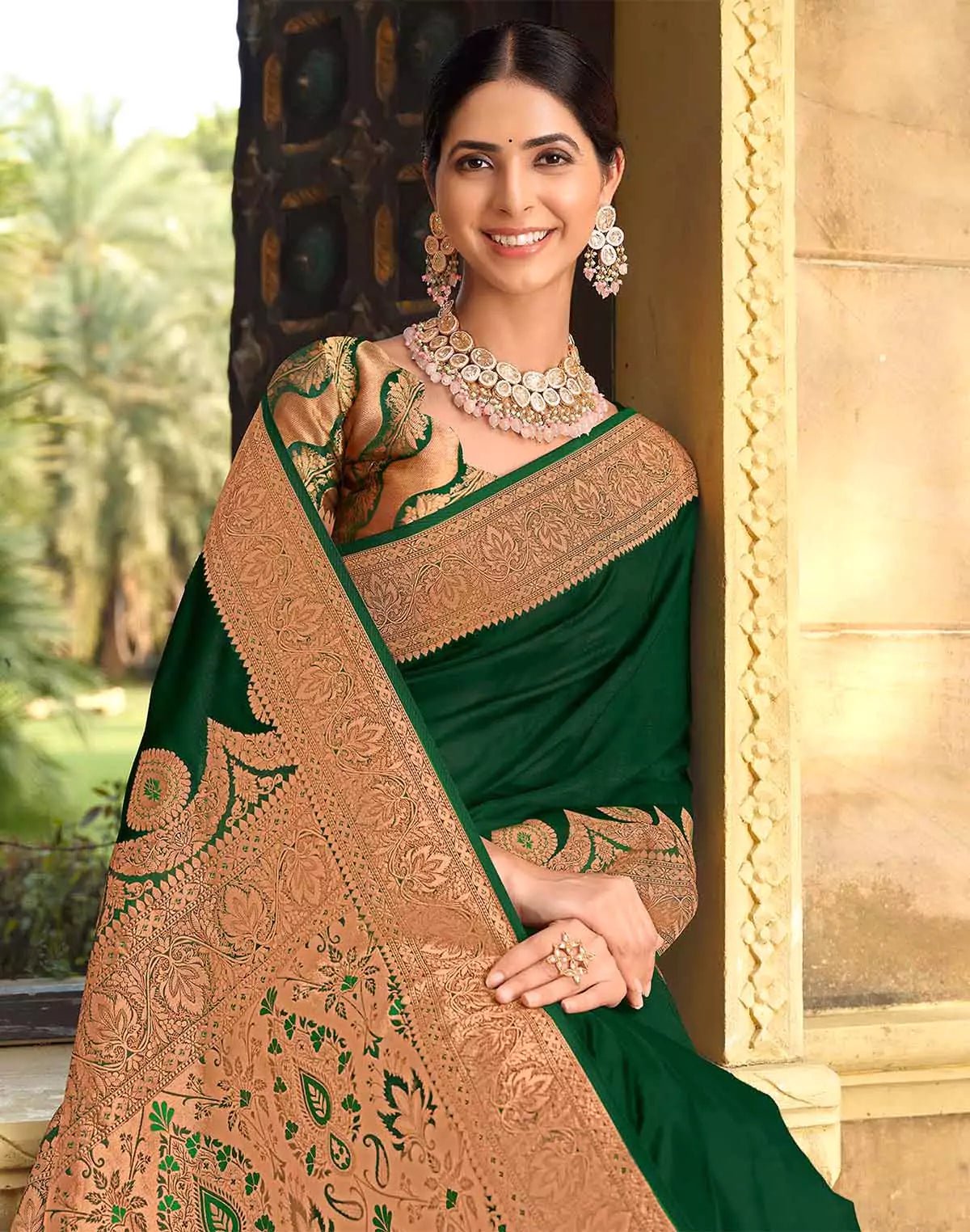 Image of Bottle Green Plain Satin Saree with Golden Border - South India Shopping Mall