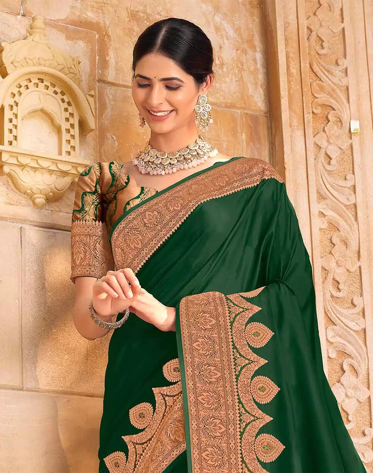 Image of Bottle Green Plain Satin Saree with Golden Border - South India Shopping Mall