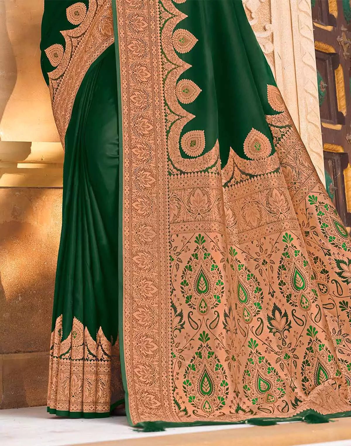 Image of Bottle Green Plain Satin Saree with Golden Border - South India Shopping Mall
