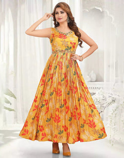 Bright Yellow Coloured Cotton Silk Long Dress – South India