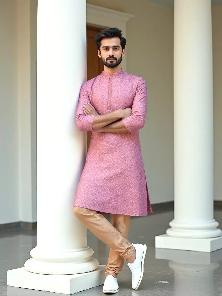 Image of Brocade Design Dark Pink Jacquard Kurta Set - South India Shopping Mall