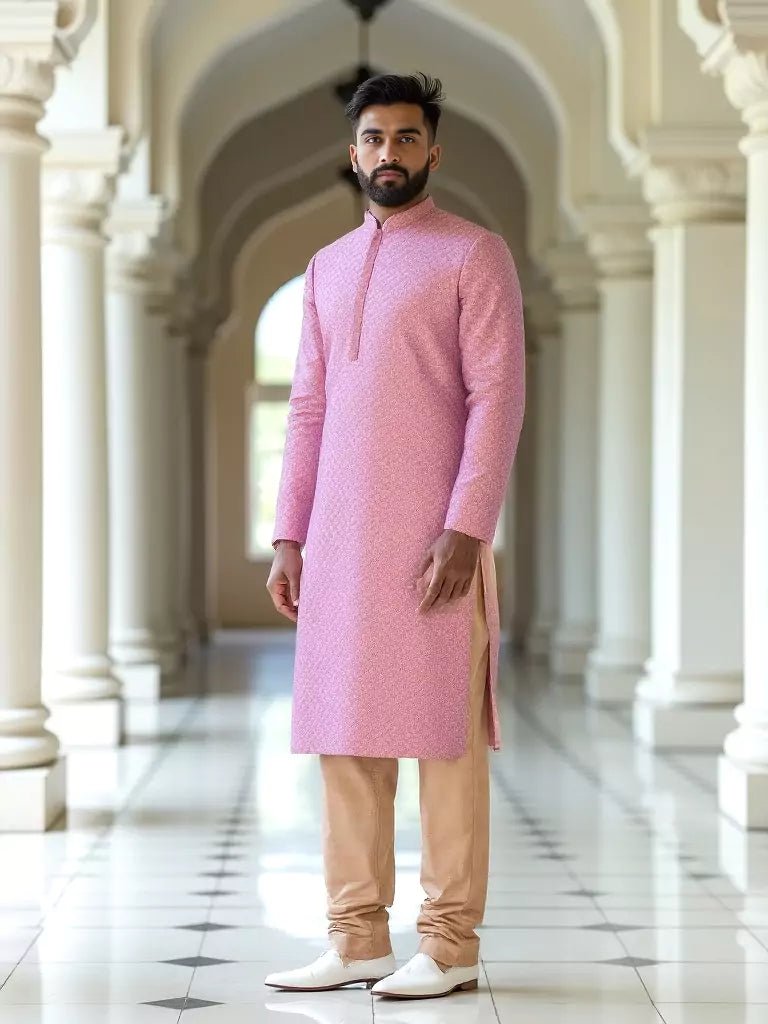 Image of Brocade Design Dark Pink Jacquard Kurta Set - South India Shopping Mall