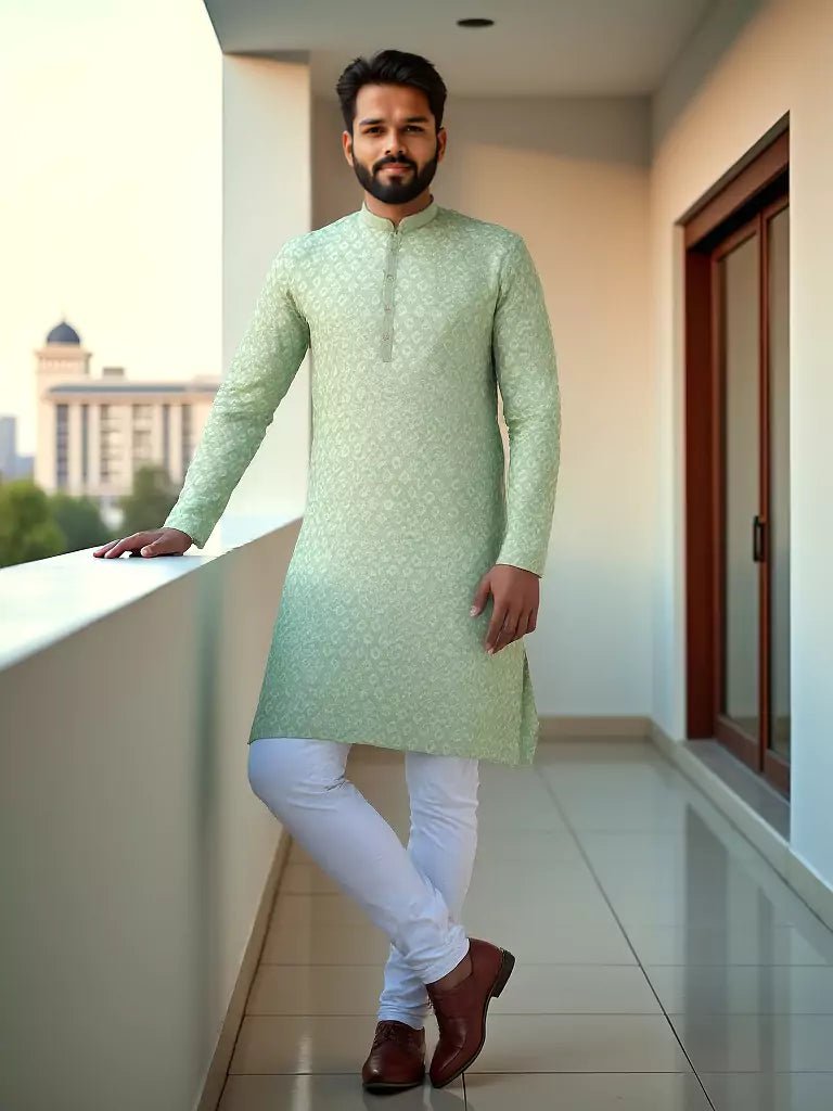 Image of Brocade Design Firozi Coloured Jacquard Kurta Pyjama Set - South India Shopping Mall