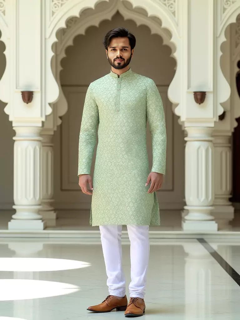 Image of Brocade Design Firozi Coloured Jacquard Kurta Pyjama Set - South India Shopping Mall