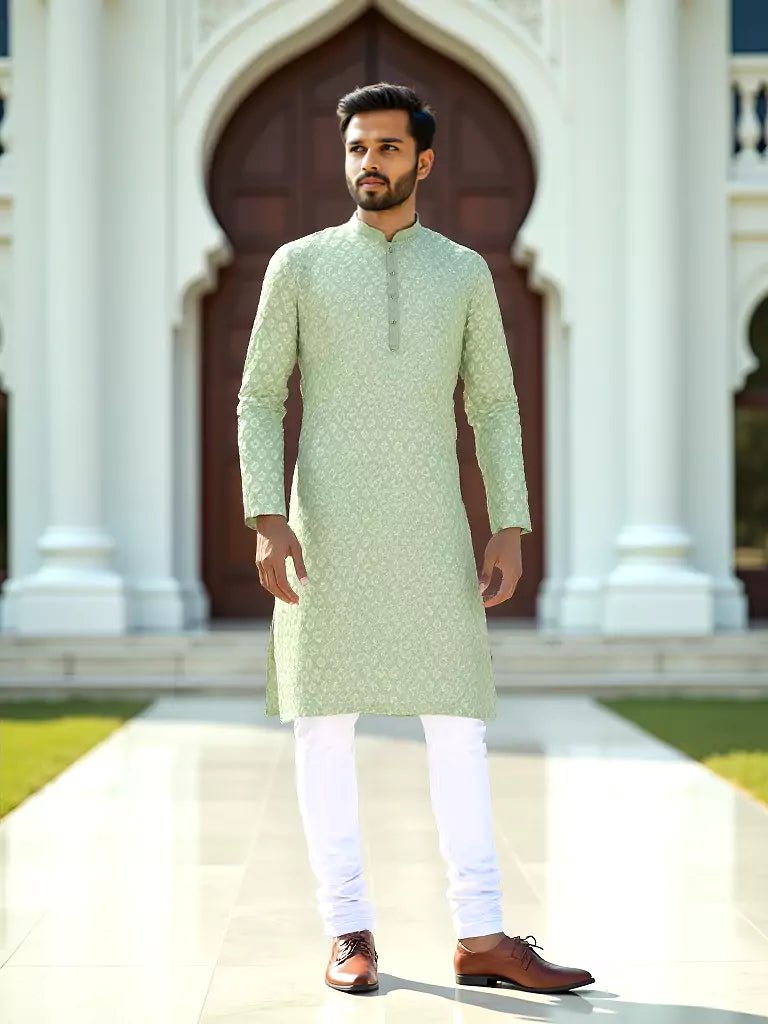 Image of Brocade Design Firozi Coloured Jacquard Kurta Pyjama Set - South India Shopping Mall