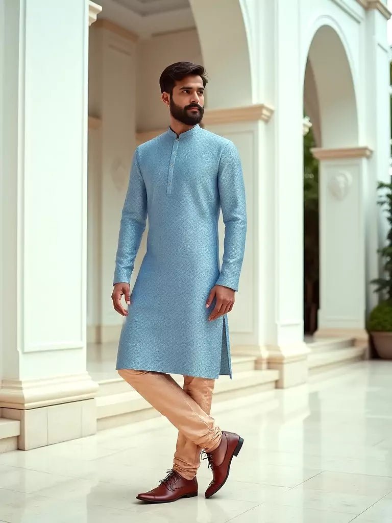 Image of Brocade Design Jacquard Kurta Set in Firozi Coloured - South India Shopping Mall