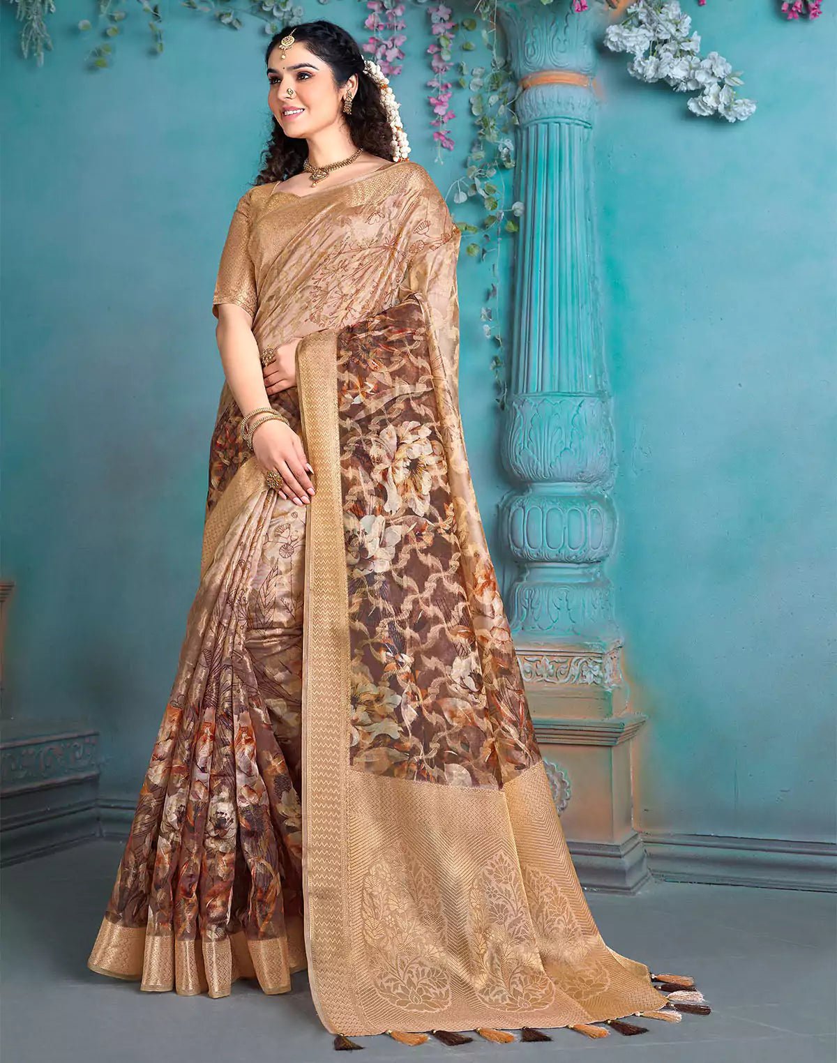 Image of Brown and Gold Tissue Floral Print Saree - South India Shopping Mall