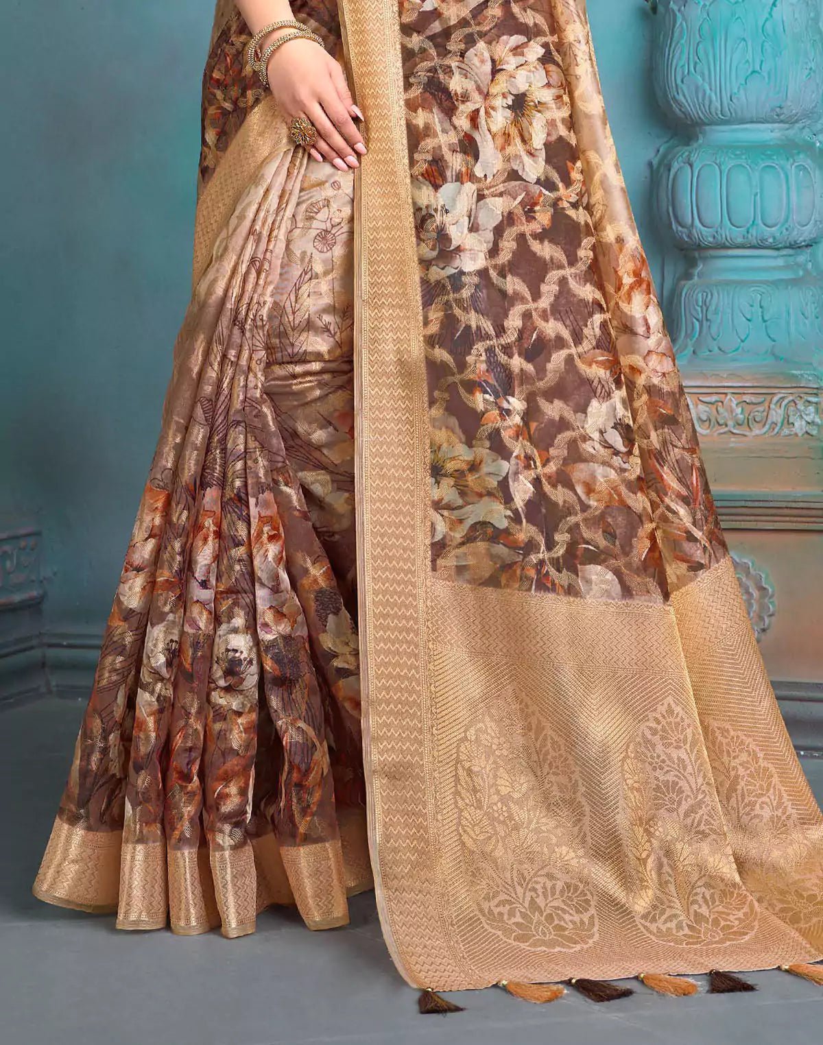 Image of Brown and Gold Tissue Floral Print Saree - South India Shopping Mall