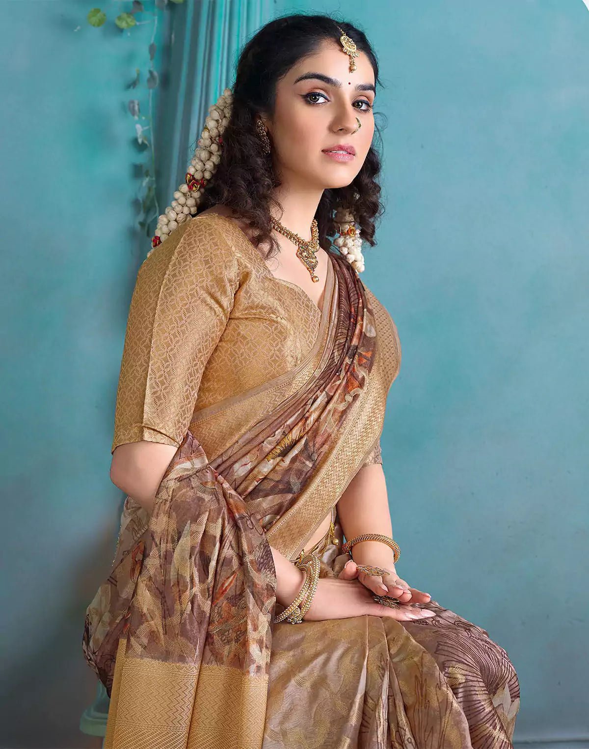 Image of Brown and Gold Tissue Floral Print Saree - South India Shopping Mall