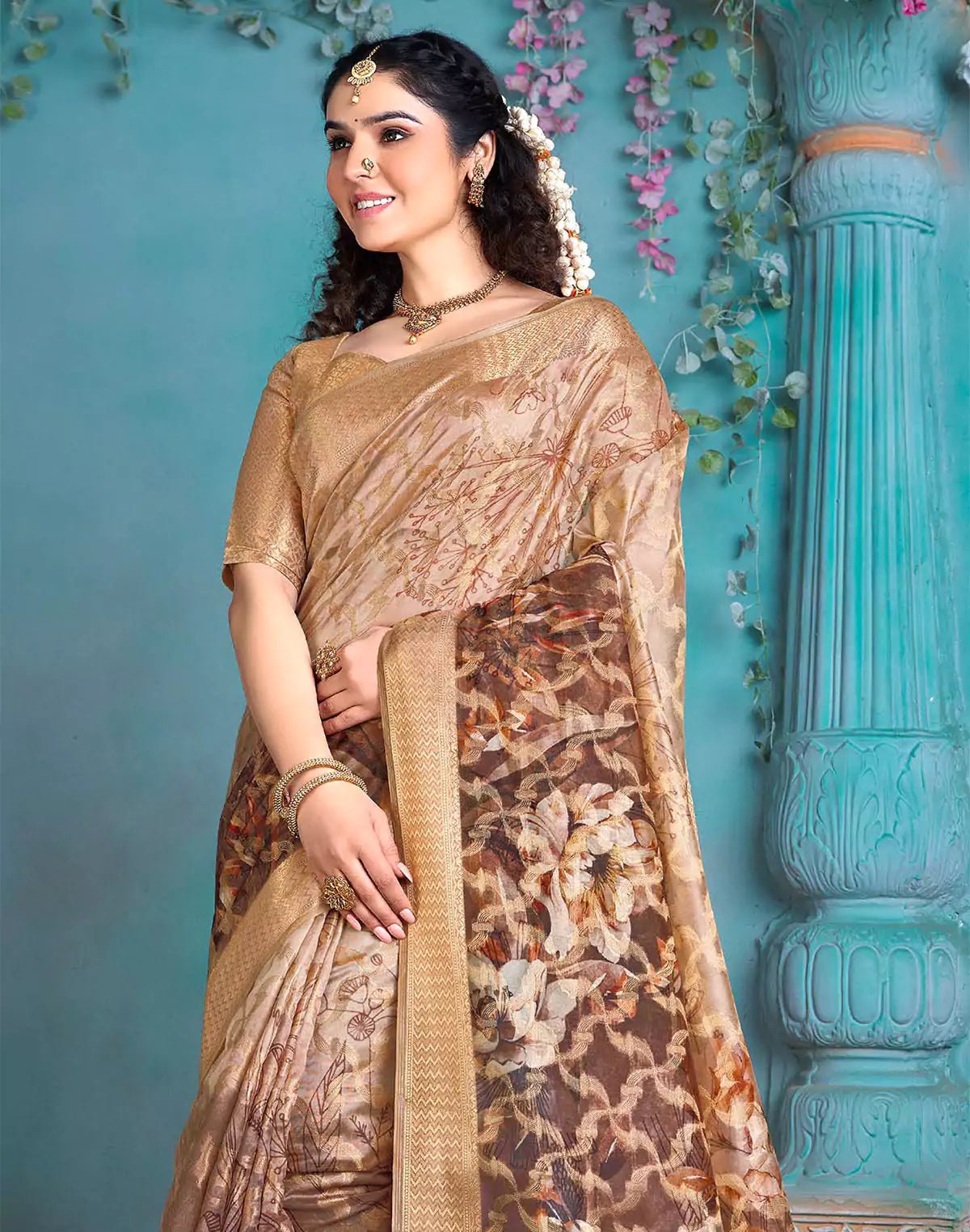 Image of Brown and Gold Tissue Floral Print Saree - South India Shopping Mall