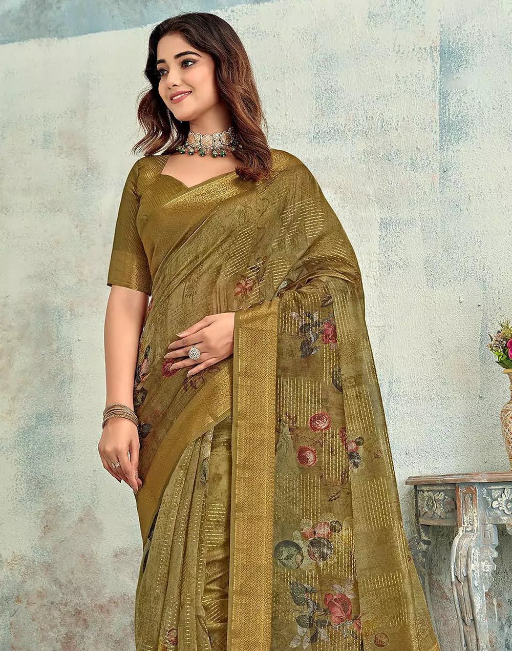 Image of Brown Digital Print Tissue Fabric Self Blouse Saree - South India Shopping Mall