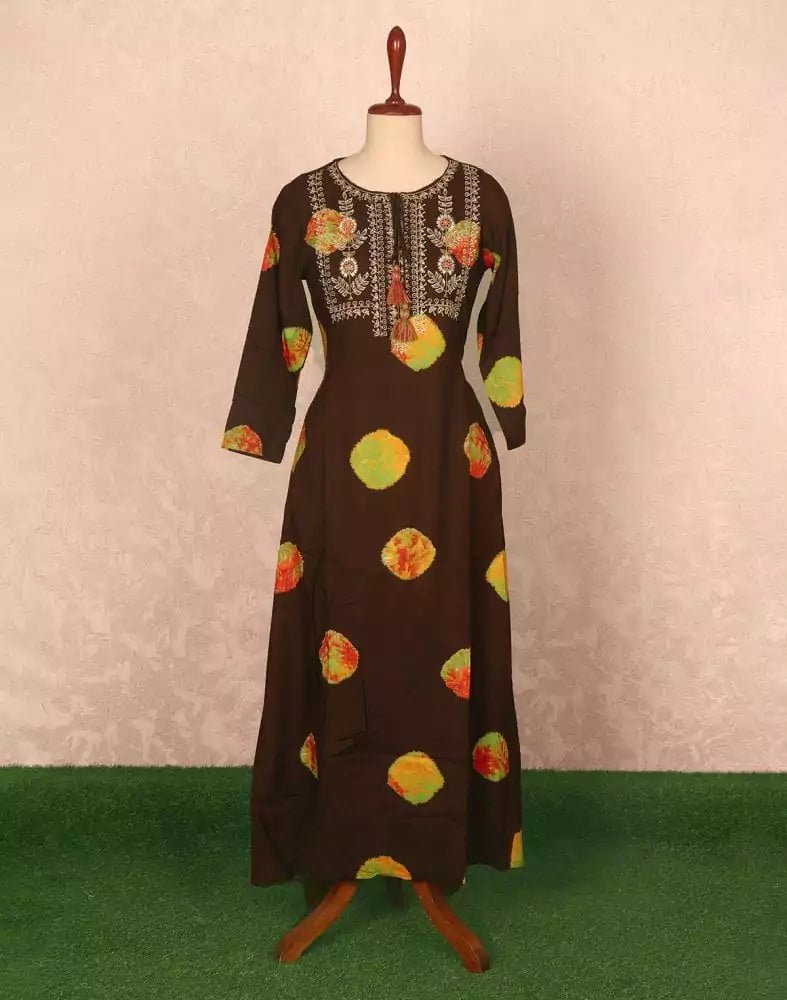 Image of Brown Floral Beads work Rayon Kurti - South India Shopping Mall