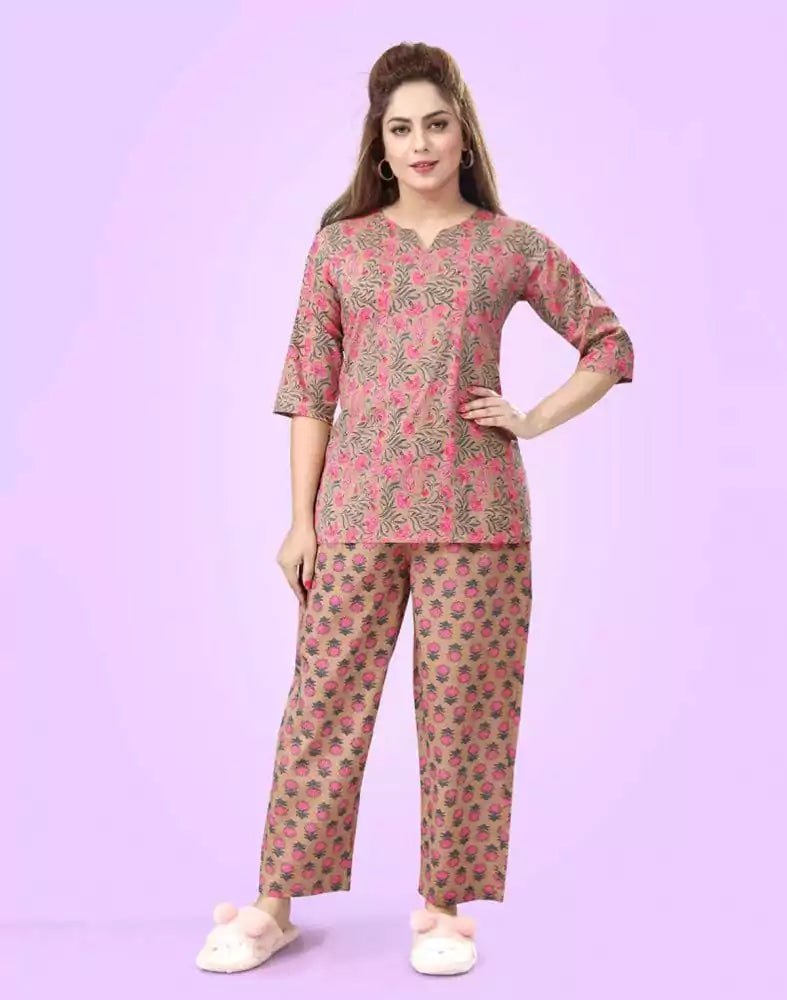 Image of Brown Floral Cotton Printed Night Suit - South India Shopping Mall