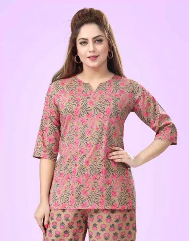 Brown Floral Cotton Printed Night Suit - South India Shopping Mall