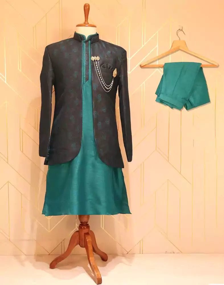 Image of Brown Floral Weave Jacquard Kurta Jacket Set - South India Shopping Mall