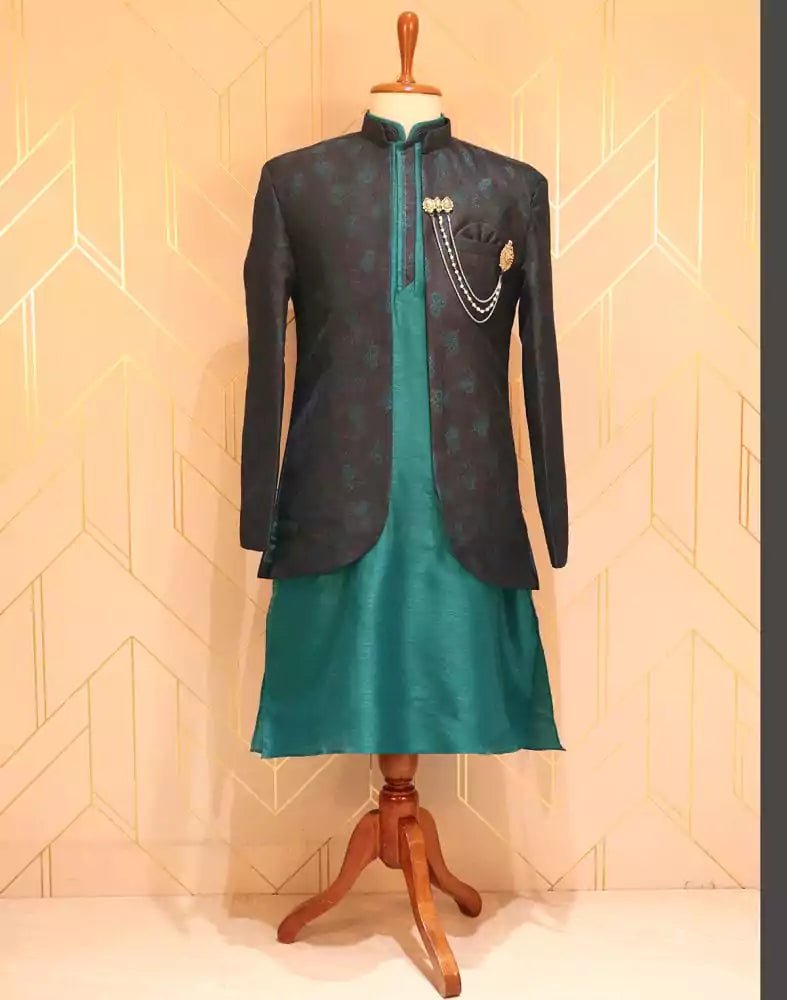 Image of Brown Floral Weave Jacquard Kurta Jacket Set - South India Shopping Mall