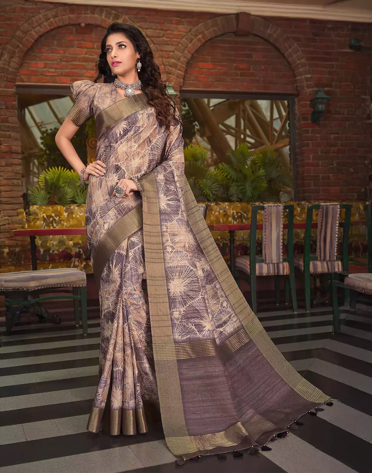 Image of Brown Graphic Kaddi Border Tussar Silk Saree - South India Shopping Mall