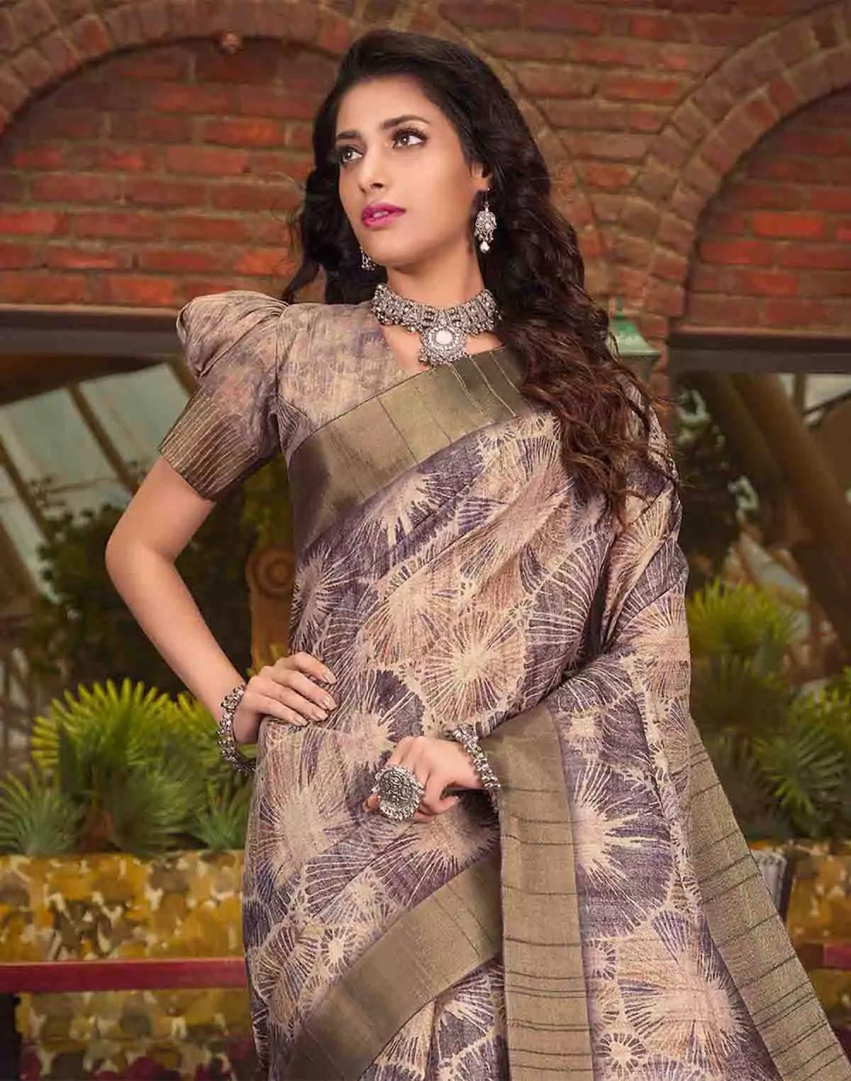 Image of Brown Graphic Kaddi Border Tussar Silk Saree - South India Shopping Mall