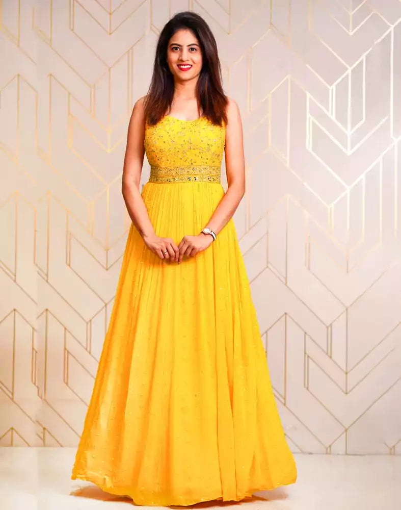 Image of Elegant Yellow Embellished work Georgette dress gown