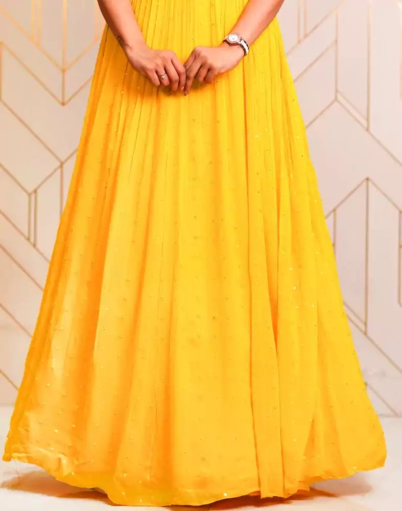 Image of Elegant Yellow Embellished work Georgette dress gown