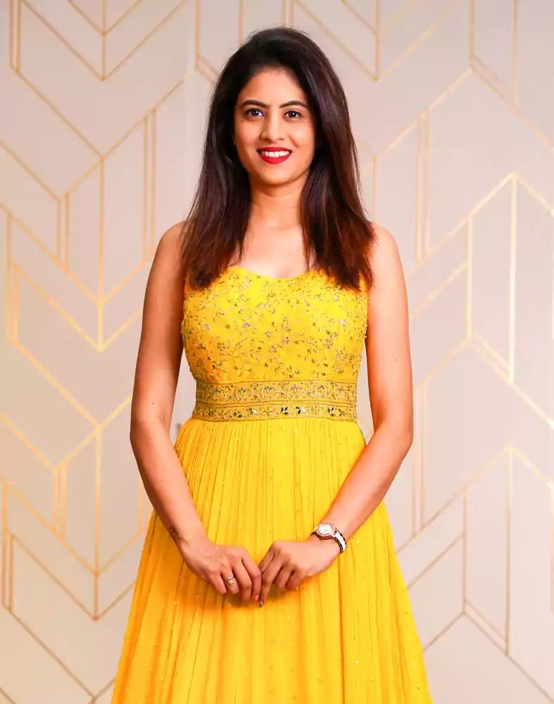 Image of Elegant Yellow Embellished work Georgette dress gown