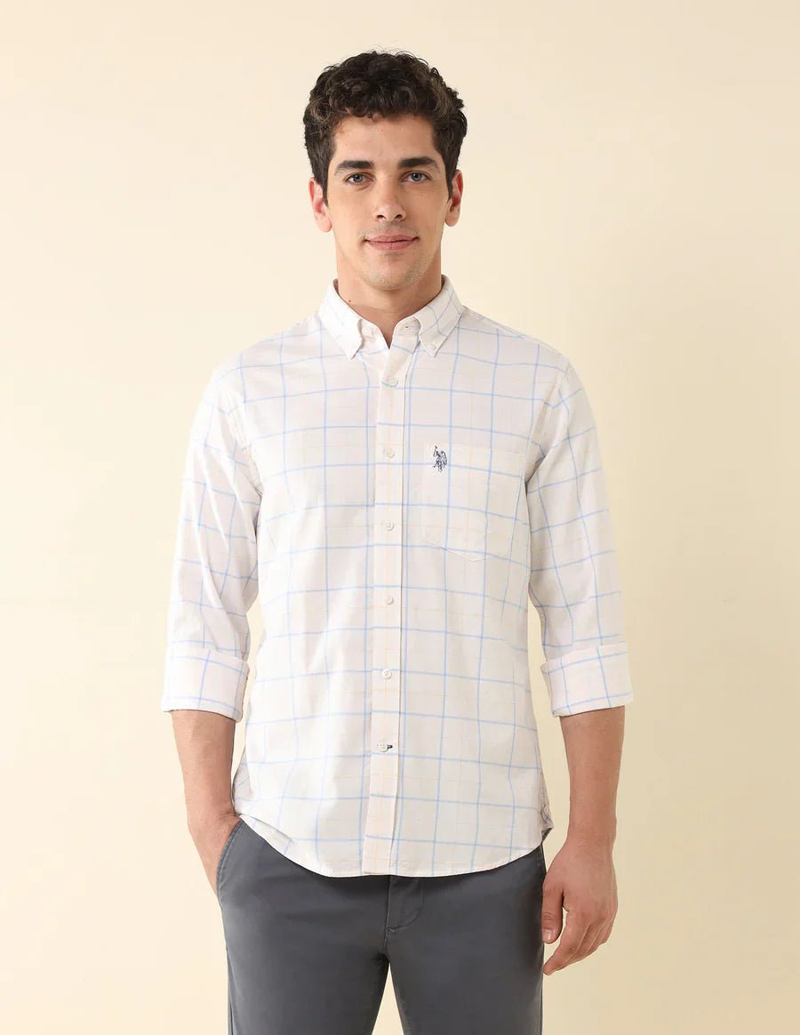 Image of Checkered Ecru Coloured Cotton Full Sleeve Men's Shirt - South India Shopping Mall