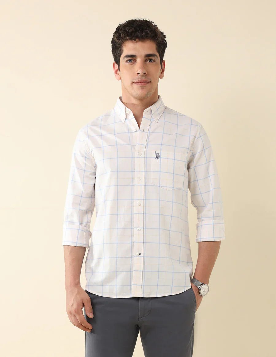 Image of Checkered Ecru Coloured Cotton Full Sleeve Men's Shirt - South India Shopping Mall