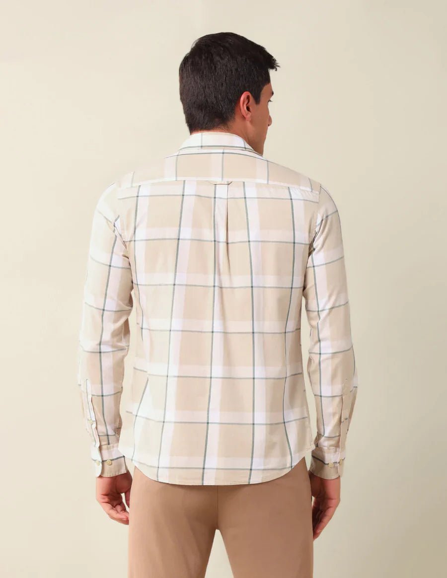 Image of Checkered Spread Collar Beige Cotton Men Shirt - South India Shopping Mall