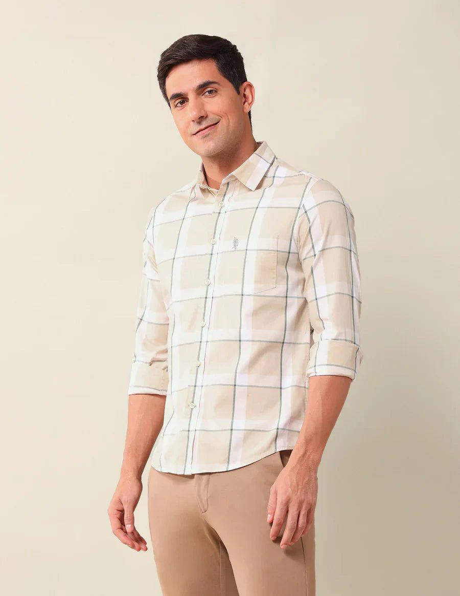 Image of Checkered Spread Collar Beige Cotton Men Shirt - South India Shopping Mall
