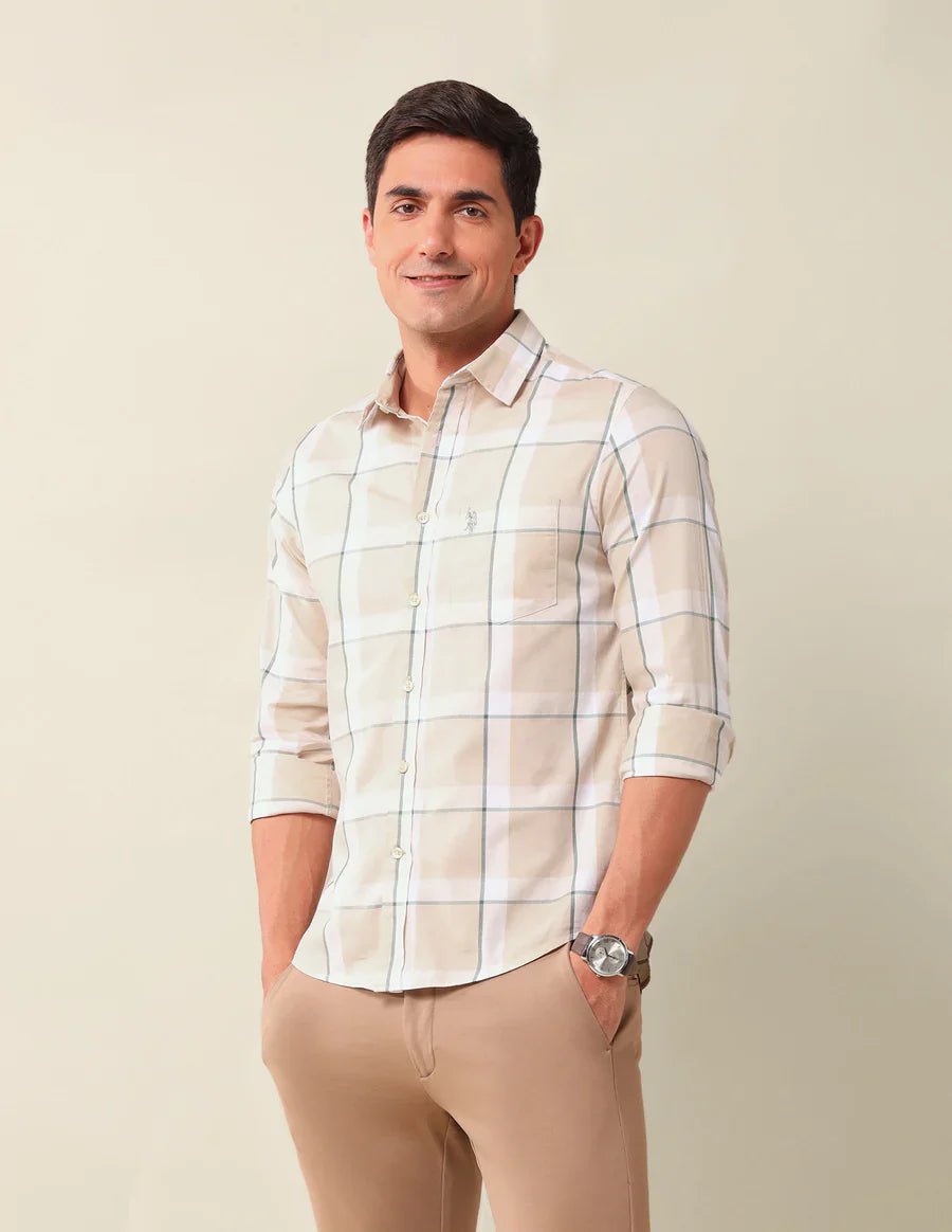 Image of Checkered Spread Collar Beige Cotton Men Shirt - South India Shopping Mall