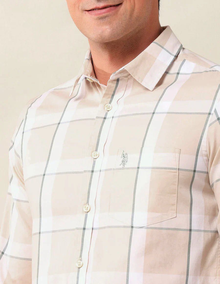 Image of Checkered Spread Collar Beige Cotton Men Shirt - South India Shopping Mall