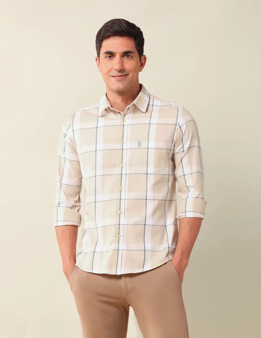 Image of Checkered Spread Collar Beige Cotton Men Shirt - South India Shopping Mall