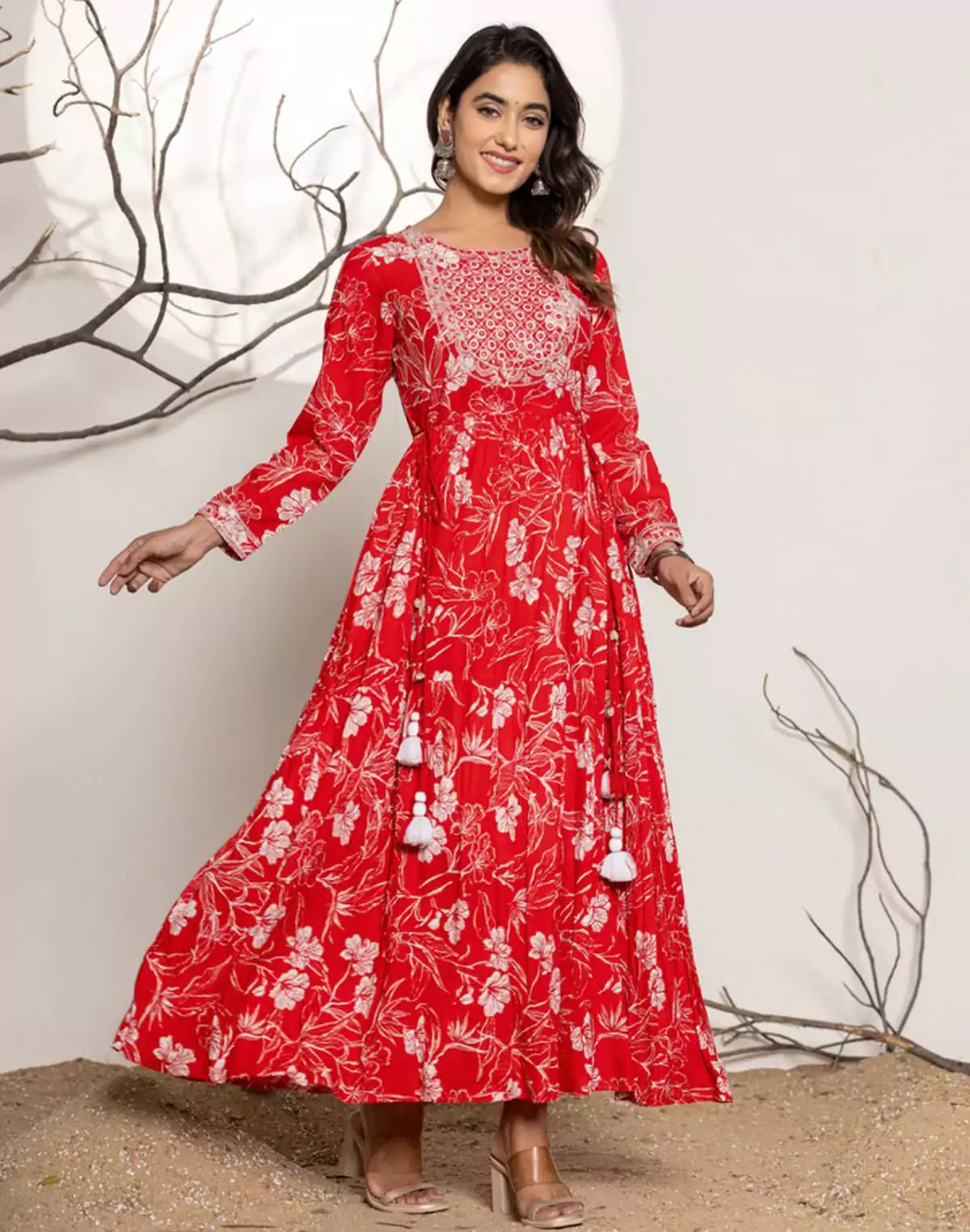 Image of Cherry Red Floral Print Rayon Flared Kurti - South India Shopping Mall