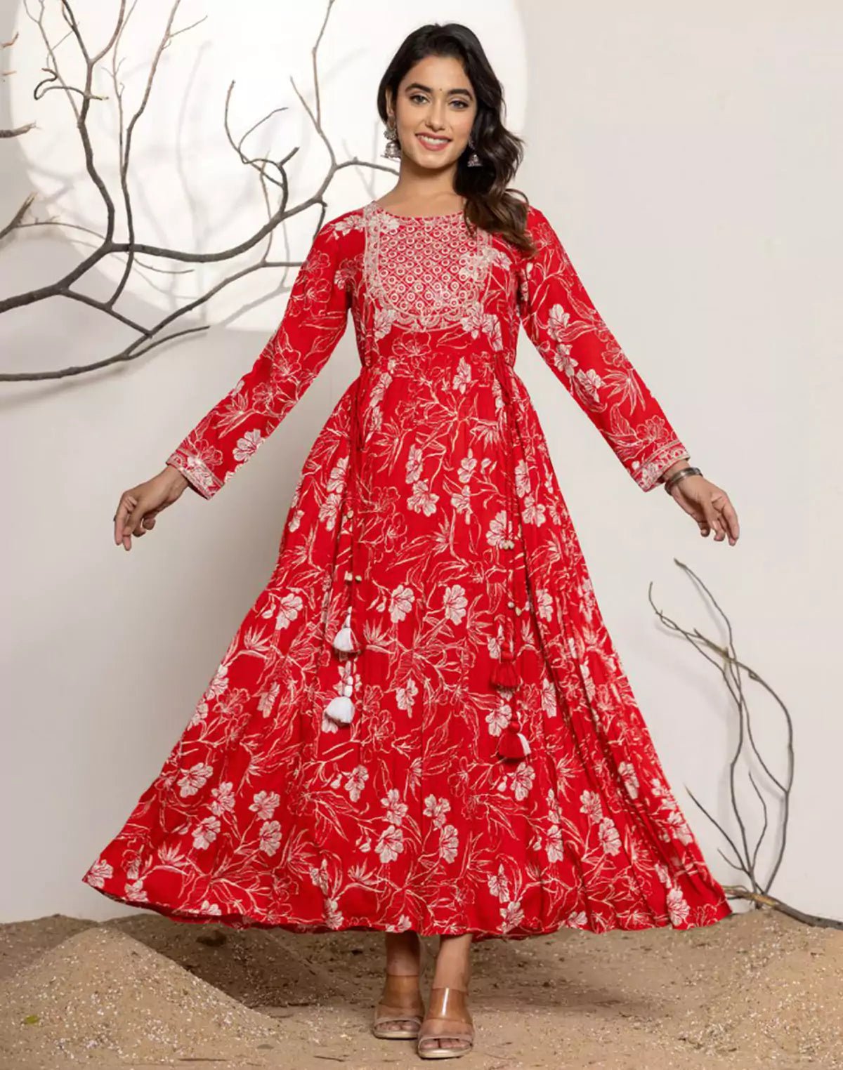 Cherry Red Floral Print Rayon Flared Kurti - South India Shopping Mall