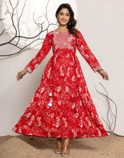 Cherry Red Floral Print Rayon Flared Kurti – South India Shopping Mall