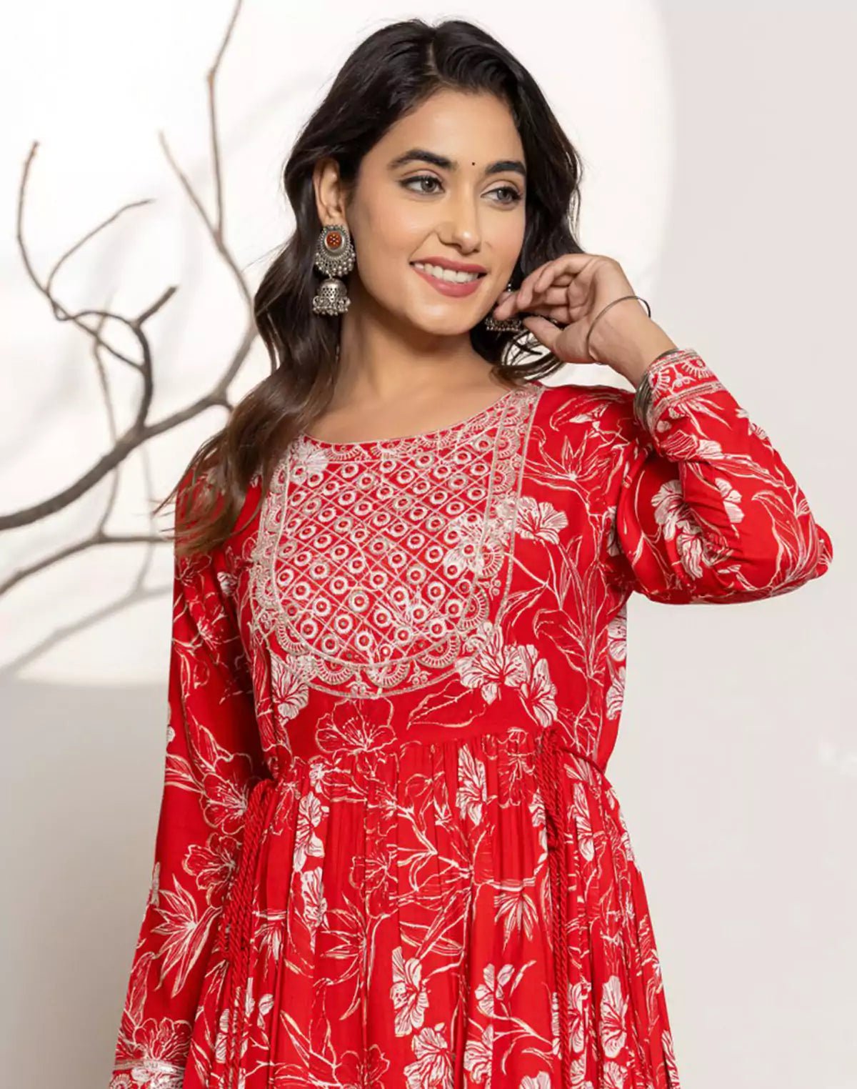Image of Cherry Red Floral Print Rayon Flared Kurti - South India Shopping Mall