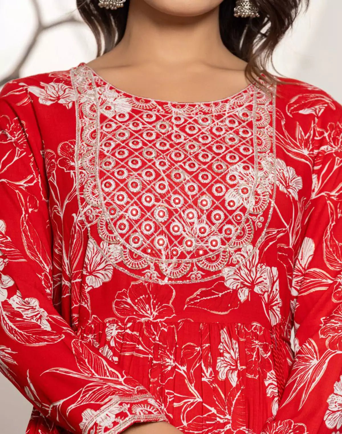 Image of Cherry Red Floral Print Rayon Flared Kurti - South India Shopping Mall