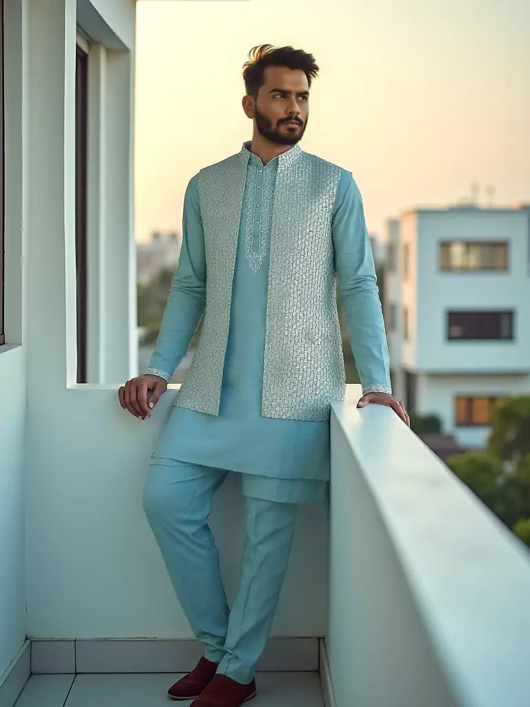 Image of Chiffon Floral Design Embellished Work Sky Coloured Kurta Set - South India Shopping Mall