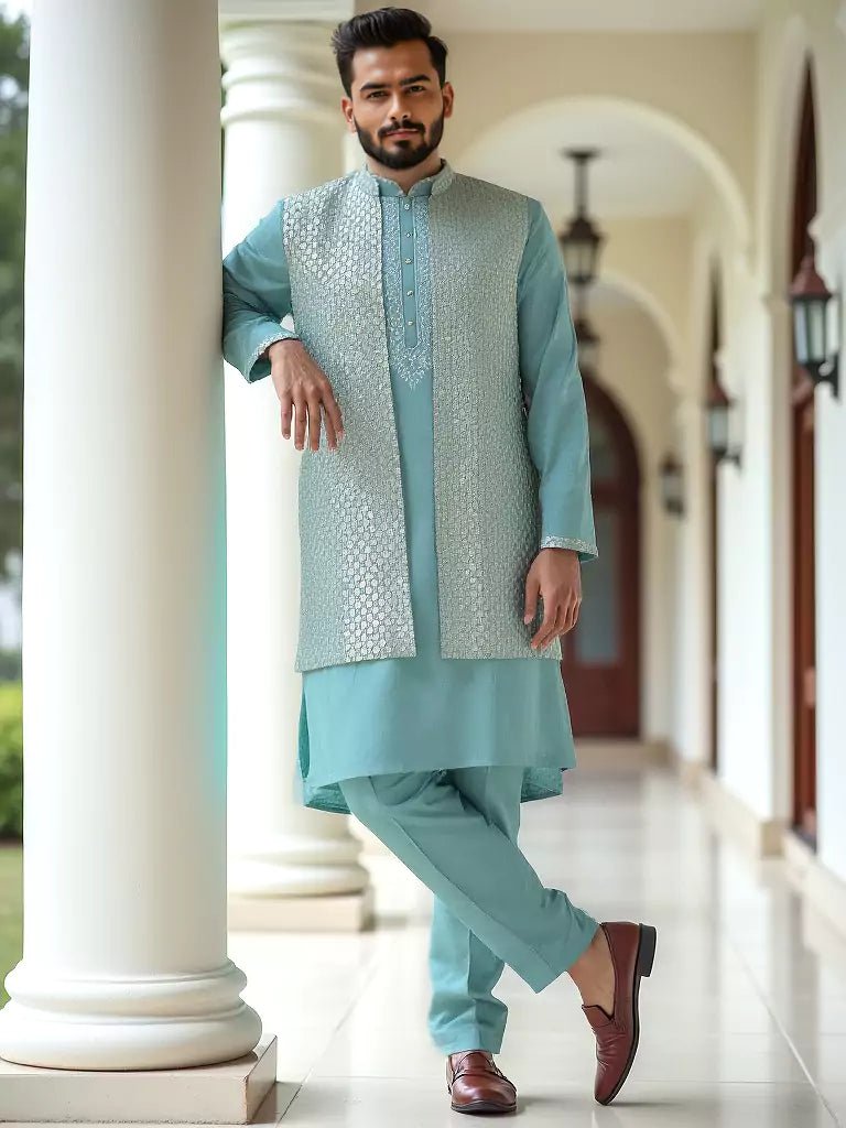 Image of Chiffon Floral Design Embellished Work Sky Coloured Kurta Set - South India Shopping Mall