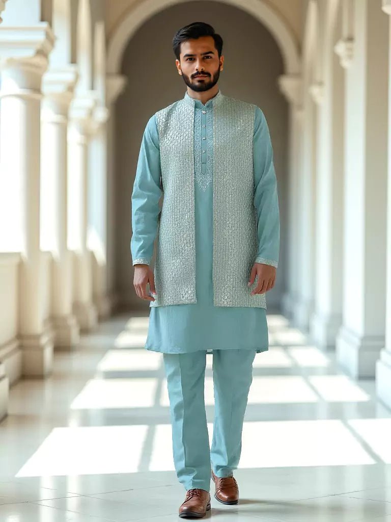 Image of Chiffon Floral Design Embellished Work Sky Coloured Kurta Set - South India Shopping Mall