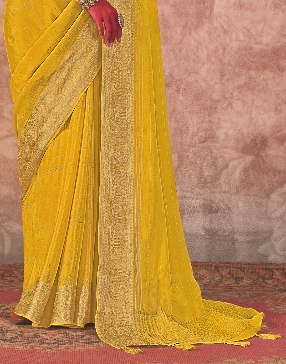 Image of Chiffon Yellow Coloured Contrast Saree with Embroidery work Blouse - South India Shopping Mall