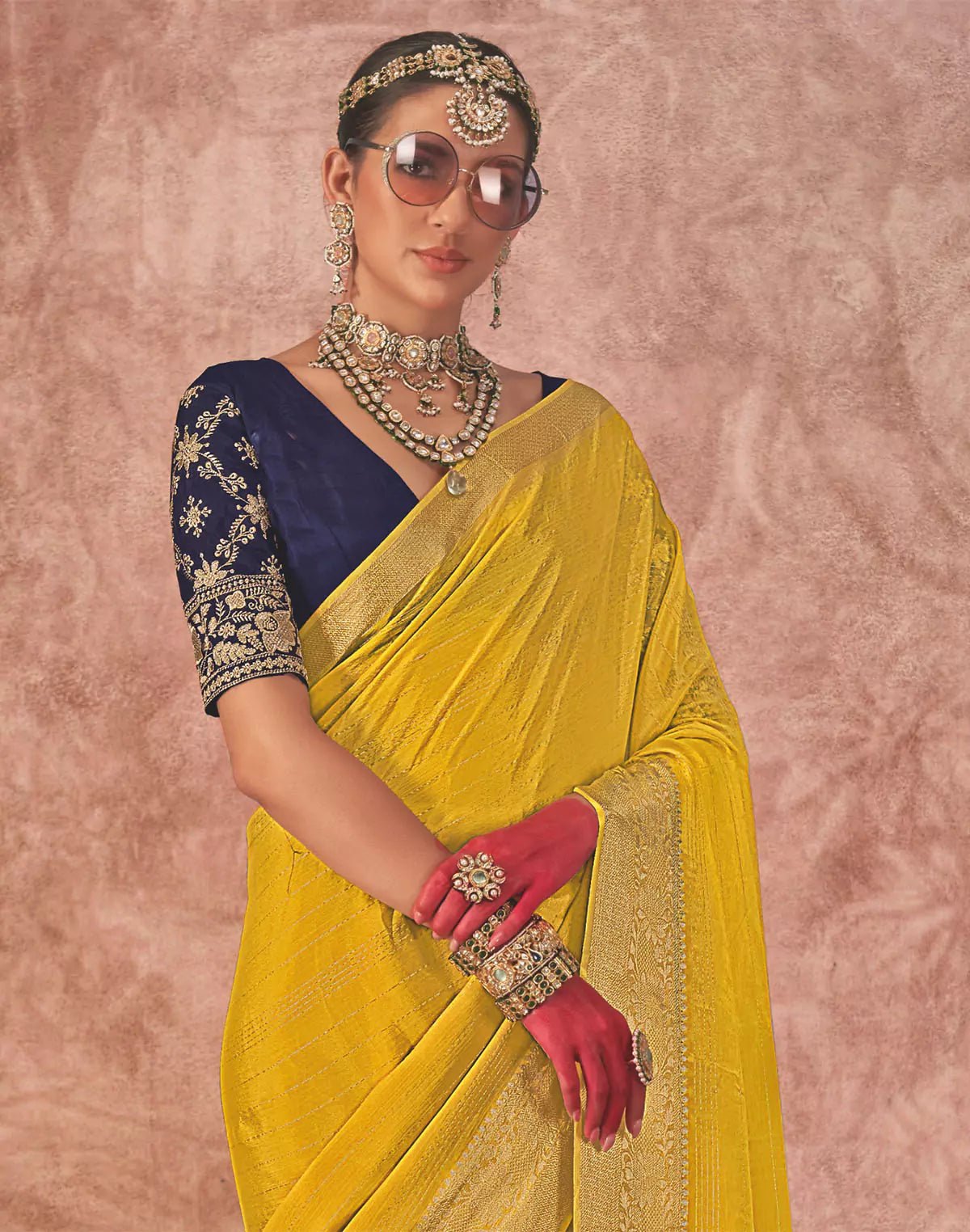 Image of Chiffon Yellow Coloured Contrast Saree with Embroidery work Blouse - South India Shopping Mall