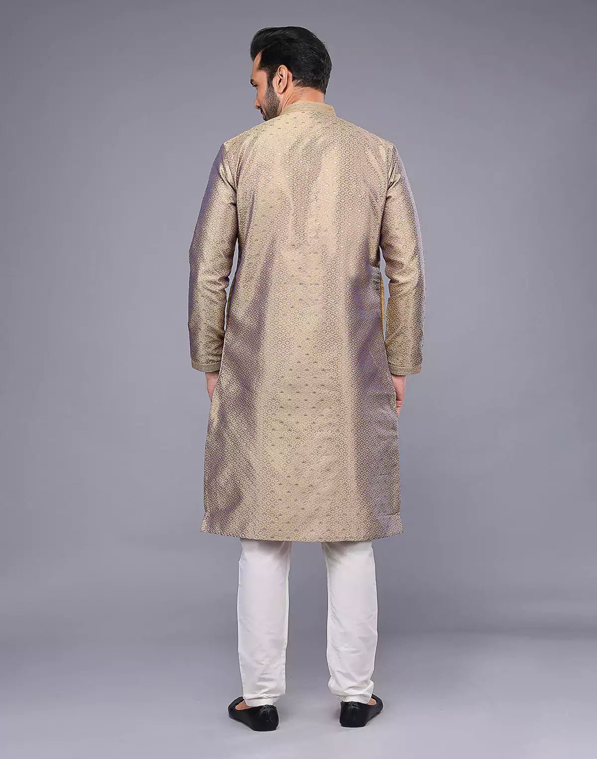 Image of Chiku Coloured Floral Bootis and Weaving Soft Silk Kurta Pyjama Set - South India Shopping Mall