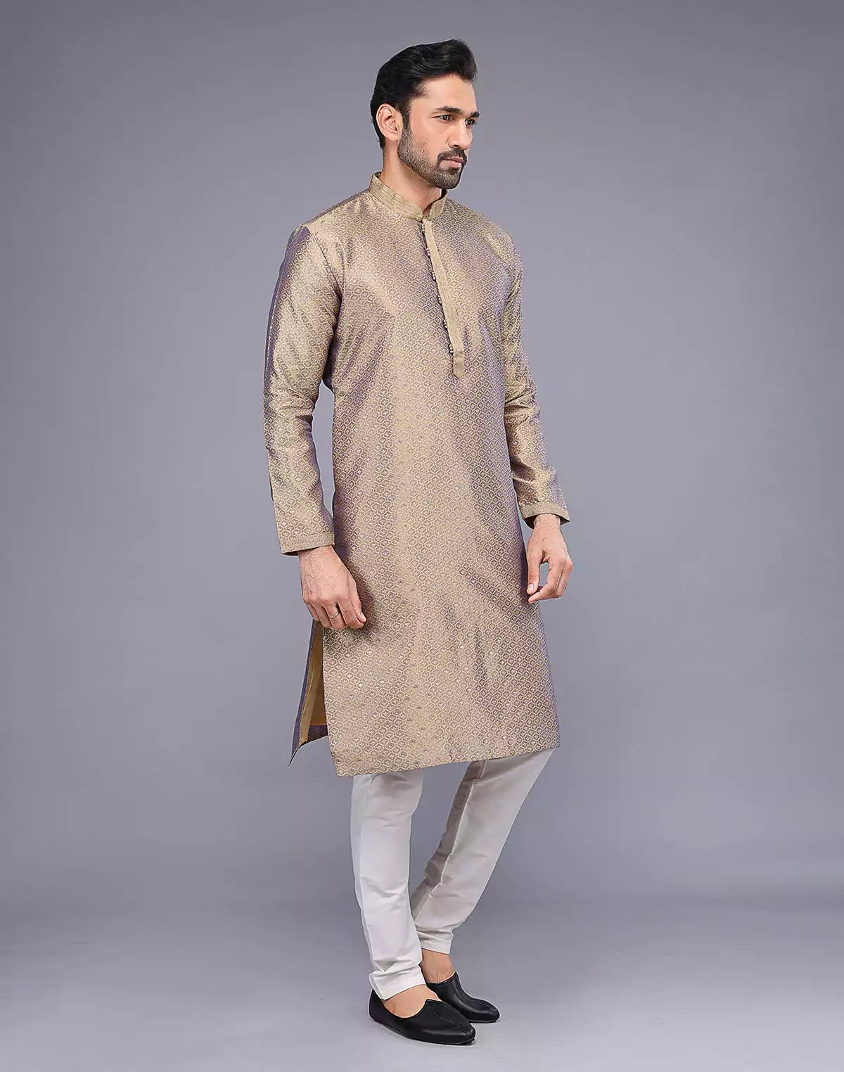 Image of Chiku Coloured Floral Bootis and Weaving Soft Silk Kurta Pyjama Set - South India Shopping Mall