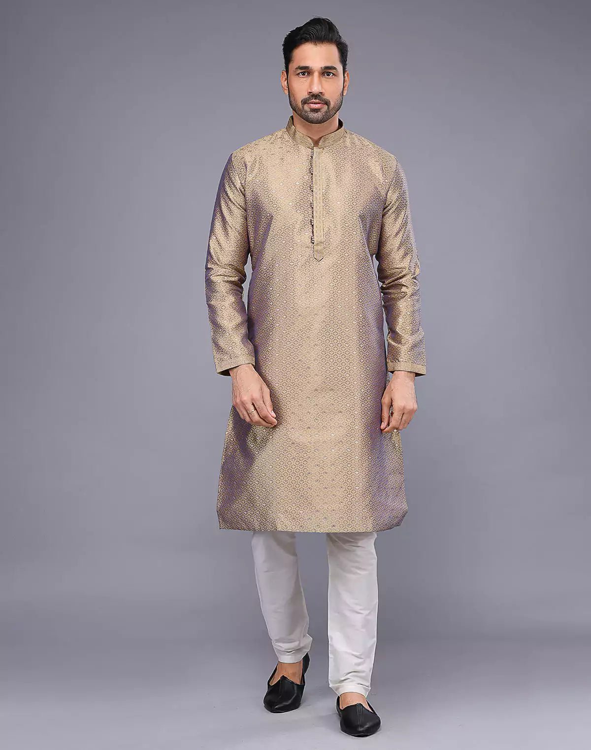 Image of Chiku Coloured Floral Bootis and Weaving Soft Silk Kurta Pyjama Set - South India Shopping Mall