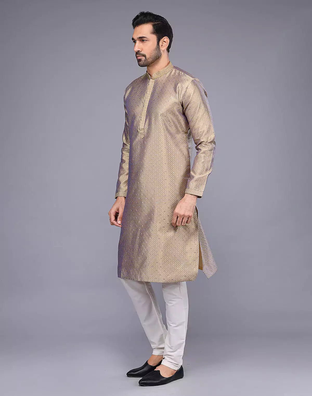 Image of Chiku Coloured Floral Bootis and Weaving Soft Silk Kurta Pyjama Set - South India Shopping Mall