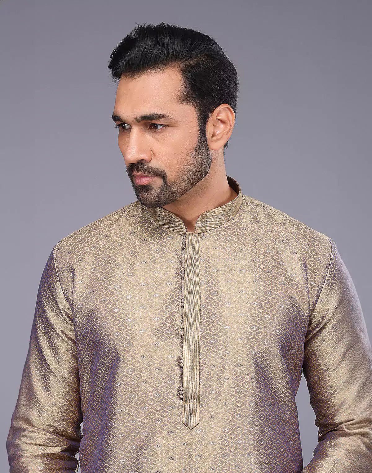 Image of Chiku Coloured Floral Bootis and Weaving Soft Silk Kurta Pyjama Set - South India Shopping Mall