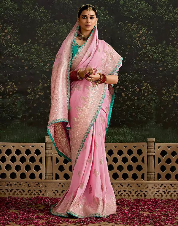Image of Classic Light Pink Lace Border Dola Silk Saree With Embroidery Work Blouse - South India Shopping Mall